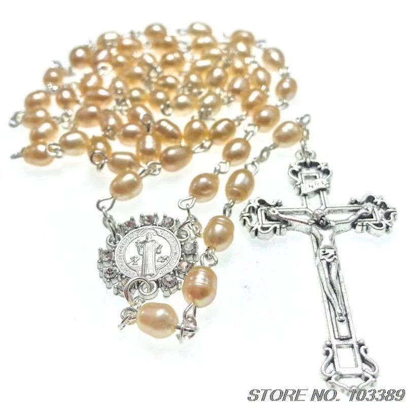 oval freshwater pearls rosary catholic rosary necklace with rhinestone benedict centerpiece and jesus