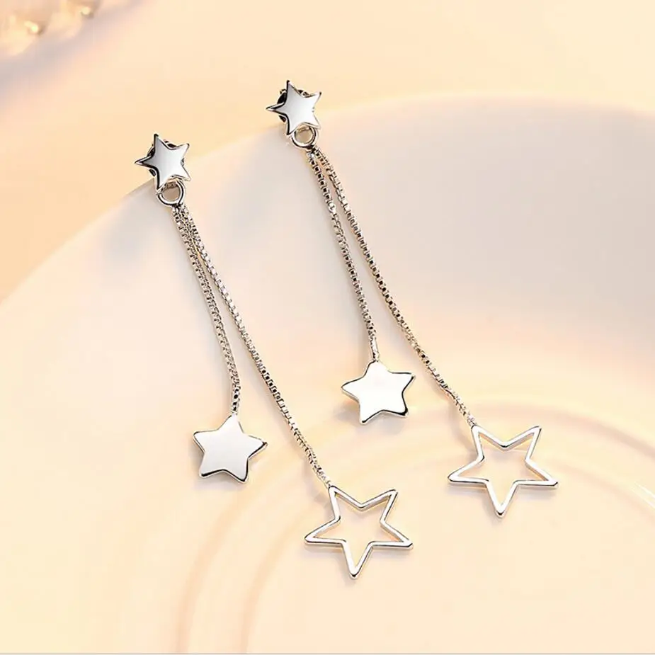 925 Sterling Silver Stud Earrings pendientes 3 Star Tassel Earrings For Women oorbellen boucle d\'oreille femme S-E316