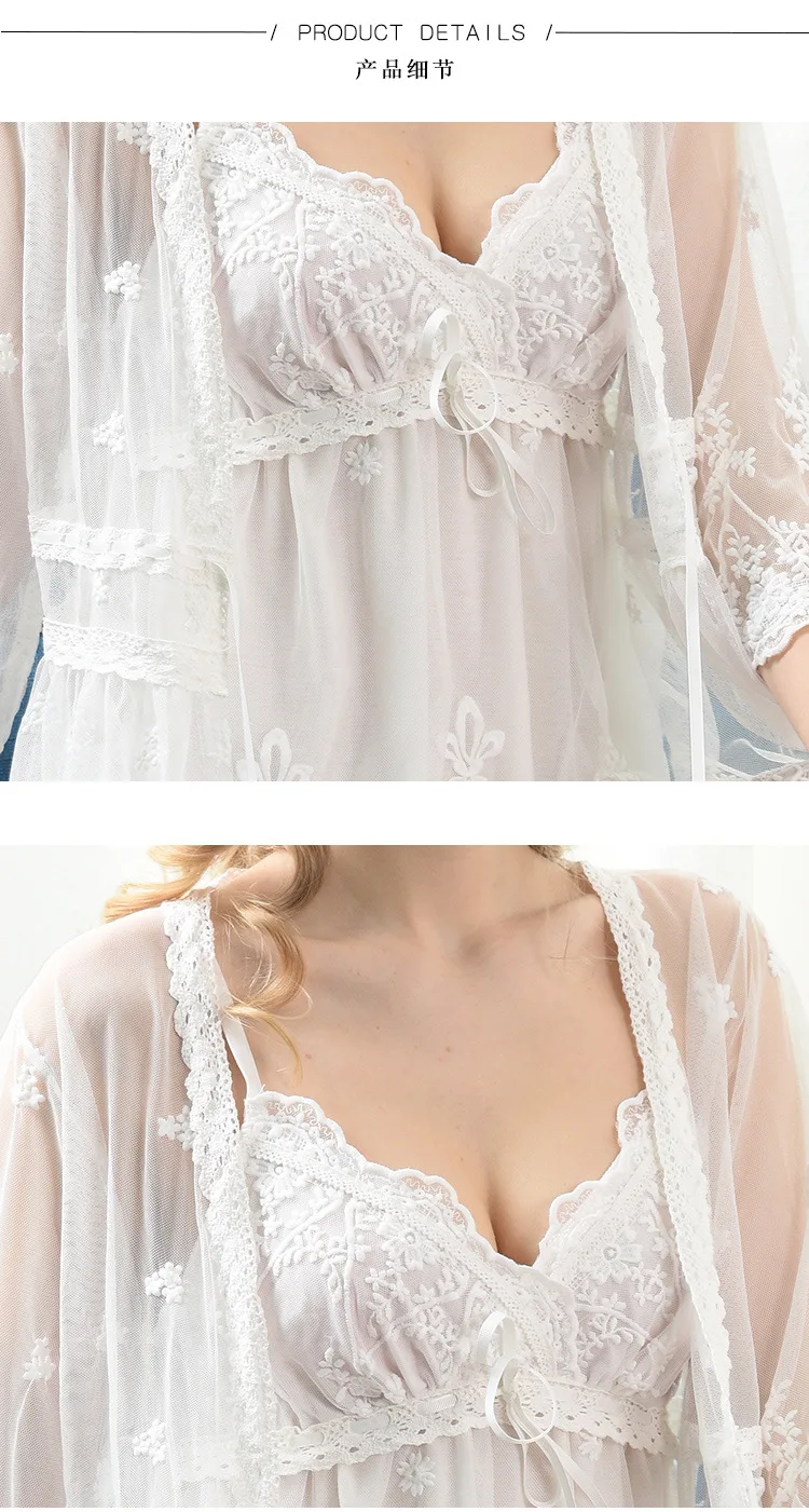 Fdfklak Women\'s Bathrobes Sexy Nightwear Summer Clothes For Women White Lace Nighty 2 Pieces Lingerie Set With Robe M-XXL