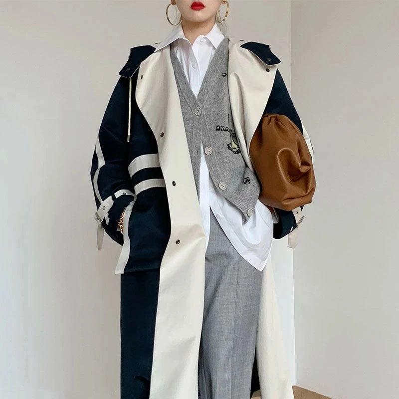 New Women Korea Long Sleeve Windbreaker Overcoats Ladies Chic Patchwork Design Long Trench Outerwear Plus Size