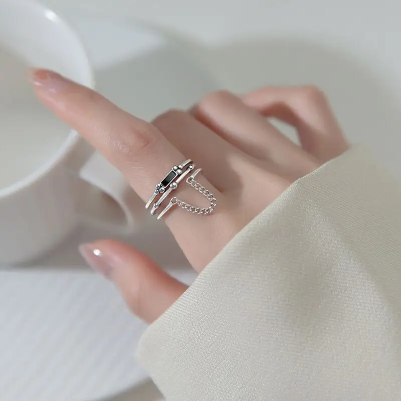 925 Stamp Silver Color Ring for Women Girl Gift Multilayer Retro Black Rectangular Chain Sterling Jewelry Dropshipping