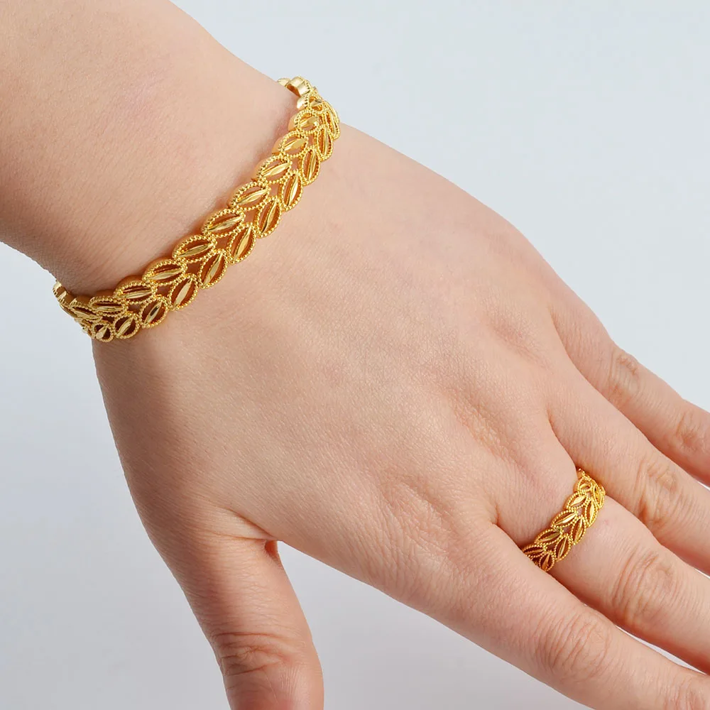 Anniyo Arab Bracelet Ring Sets Gold Color Banglet Africa The Middle East Popular Jewelry Dubai Cuff Bracelet Women Girls #134016