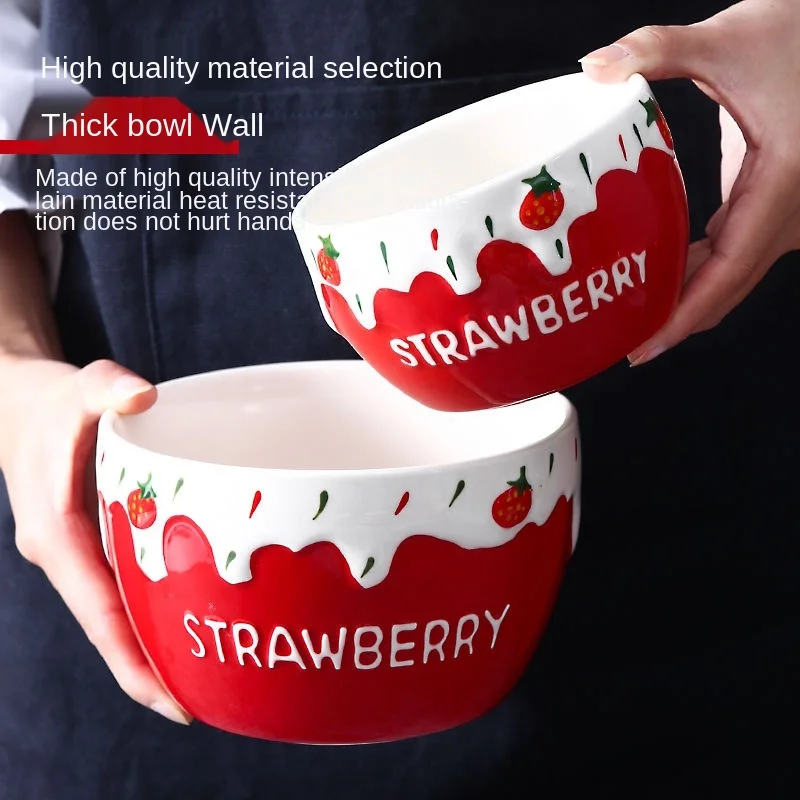 

Ceramic Bowl Cute Girl Heart Strawberry Bowl Home Creative Personality Instant Noodle Bowl Breakfast Salad Bowl Fruit Plate