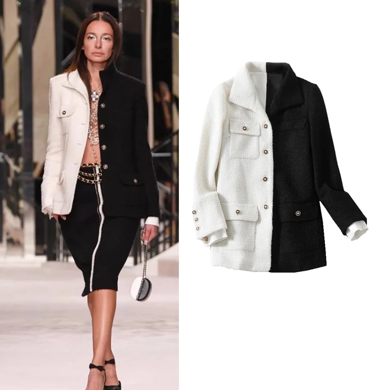 Office Lady Black Spliced White Tweed Jacket Turn-Down Collar Single-Breasted Multi-Pockets Button Chain Outerwear Autumn Winter