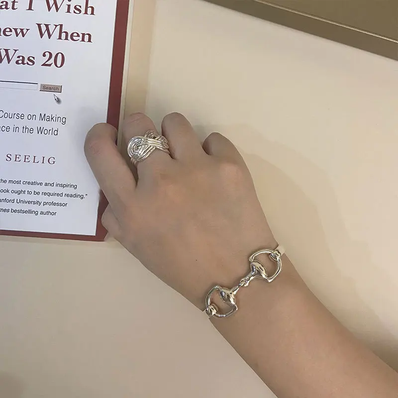 QMCOCO Korean Simple Geometric Buckle INS Woman Bracelet Silver Color Creative Design Punk Party Hand Jewelry Accessories New
