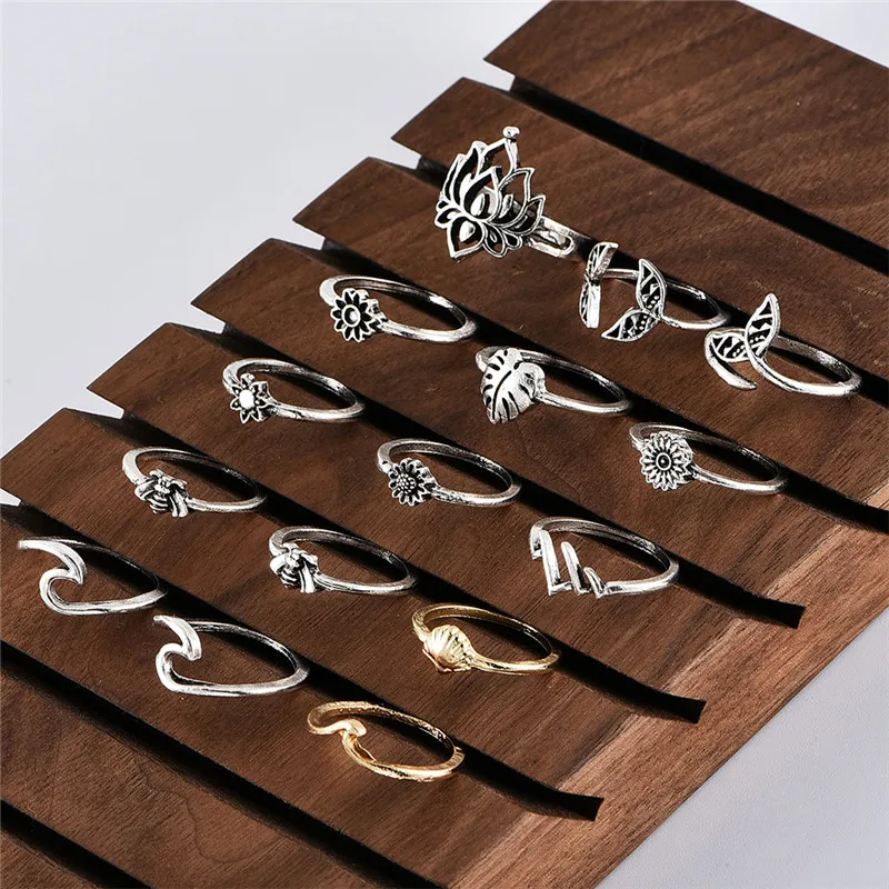 15Pcs/Set Boho Bee Lotus Flower Leaf Ring Set Fashion Wave Shell Fishtail Irregular Rings for Women Personality Jewelry Gifts