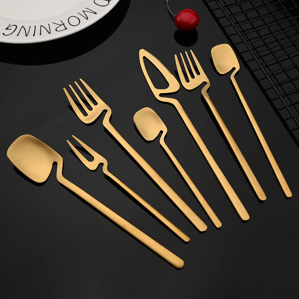 Matte Gold Cutlery Set Tableware 18/10 Stainless Steel Flatware Dinnerware Knife FruitFork Ice Spoon Dessert Fork Set For Party