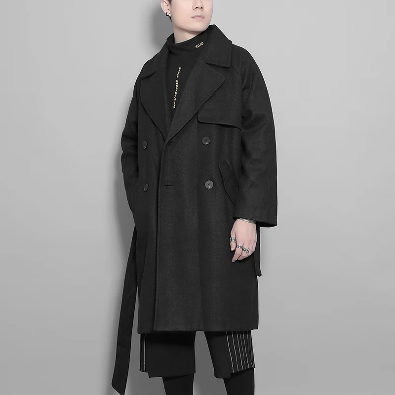 New Style winter fashion men's cloaks and robes individuality belt black wool coat men's coat medium-length