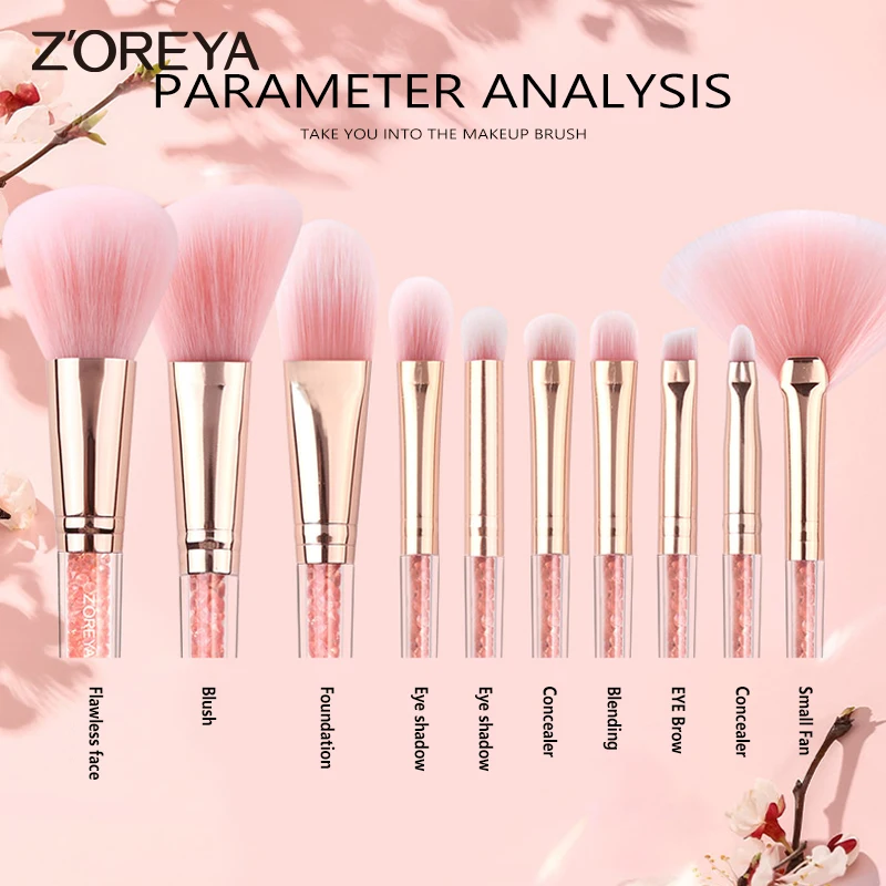 ZOREYA 10PCS Pink Crystal Foundation Makeup Brush Concealer Blusher Make Up Brush Set Super Soft Synthetic Hair Cosmetic Tools