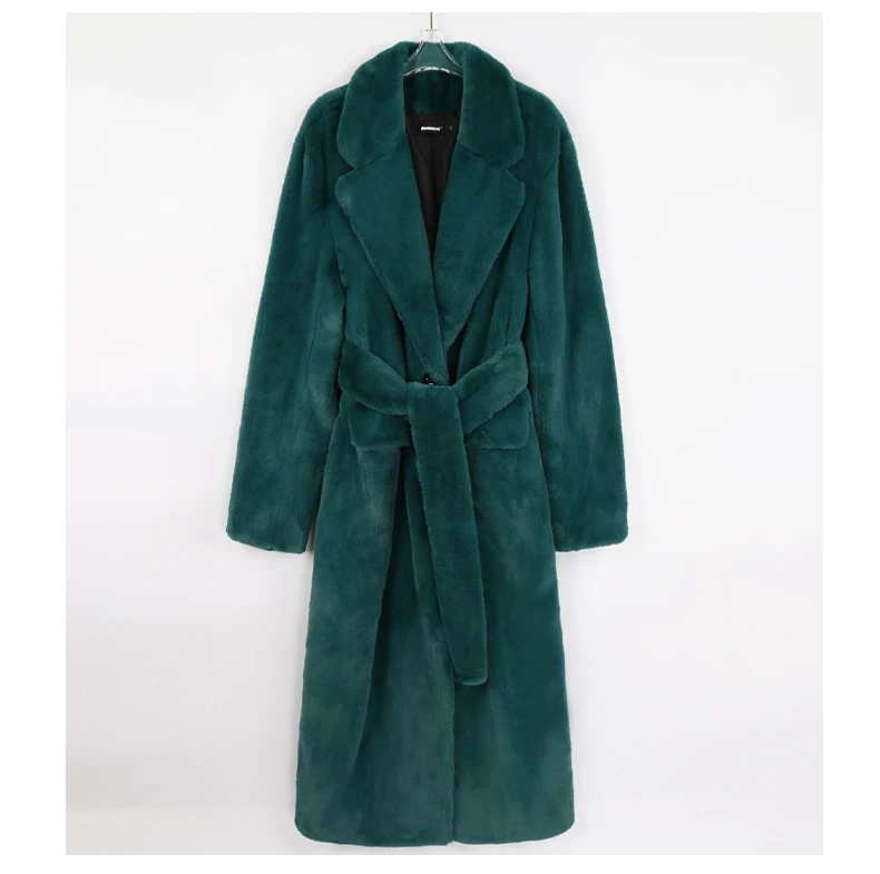 Nerazzurri Winter Long Green Warm Soft Loose Fluffy Faux Fur Coat Women Belt Lapel Elegant Luxury Designer Korean Fashion 2021