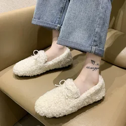 Winter Women Flat Shoes Indoor Plush Cotton Shoes Comzy Fluffy Slippers Women Warm Fur Loafers Ladies Slip On Shallow Boat Shoes