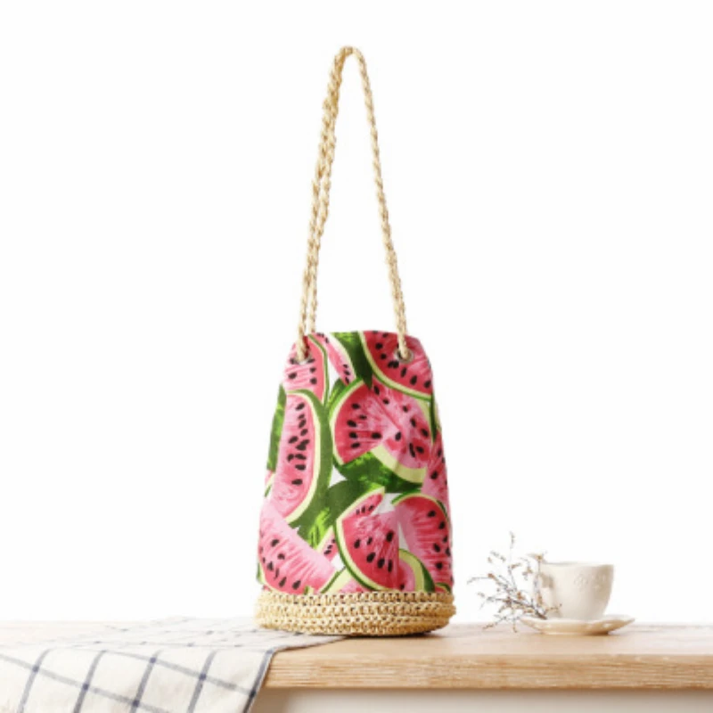 Borsa da donna 2021 Summer Canvas Bucket Vintage String Printing Weave Soft Watermelon Retro limo Pocket Beach Bag ad alta capacità