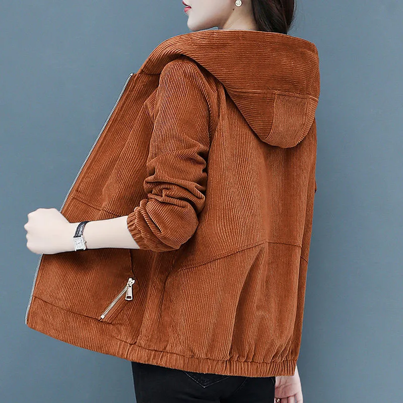 2022 New Women Corduroy Jackets Spring Autumn Solid Color Loose Outwaer Female Casual Middle-aged mother Hooded Overcoats R811