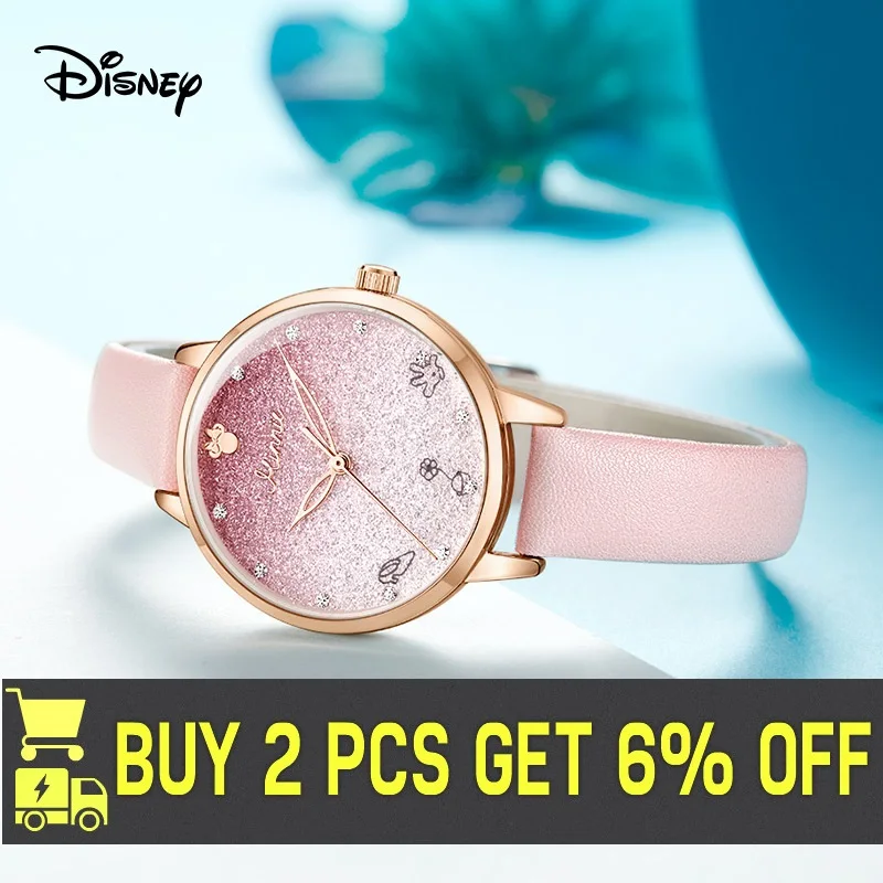 Disney Official Women Casual Quartz Wristwatches Minnie Mouse Cartoon Wishing Bottle Rhinstone Fashion Gradient Girls Gift Clock