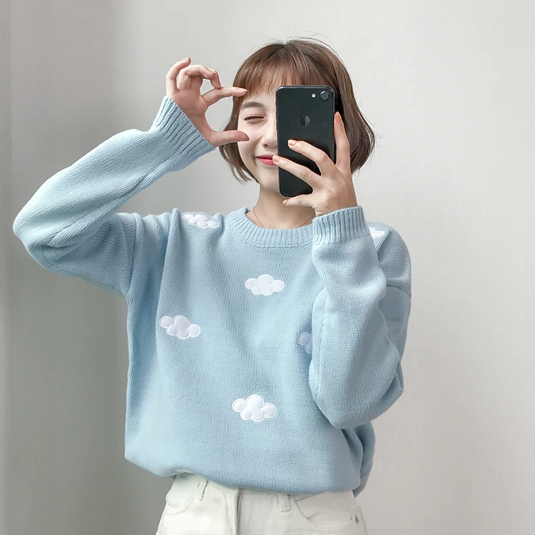 2020 Women\'S Kawaii Ulzzang Vintage College Loose Clouds Sweater Female Korean Punk Thick Cute Loose Harajuku Clothing for Women