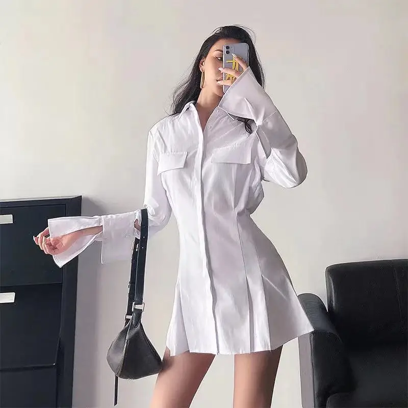 Women Sexy Long Sleeve Mini Dress Lady Elegant Vintage Solid Tshirt Dress Female Spring Autumn Flare Sleeve High Waist Vestidos