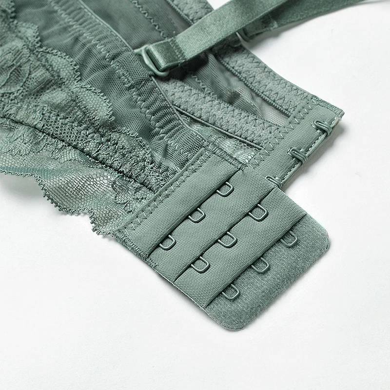 Sexy Linerie Set Balconette Strapless Bra Push Up Padded Cup Underwire Ruffle Straps Lace Trim Sage Green Women\'s Underwear Set