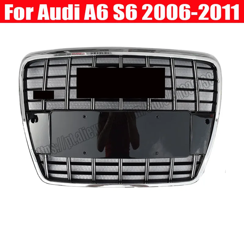 S6 Style Front Grille Grill For Audi A6 C6 2006 2007 2008 2009 09 2010 10 2011 11 2012 12 Chrome Frame And Ring Black Mesh