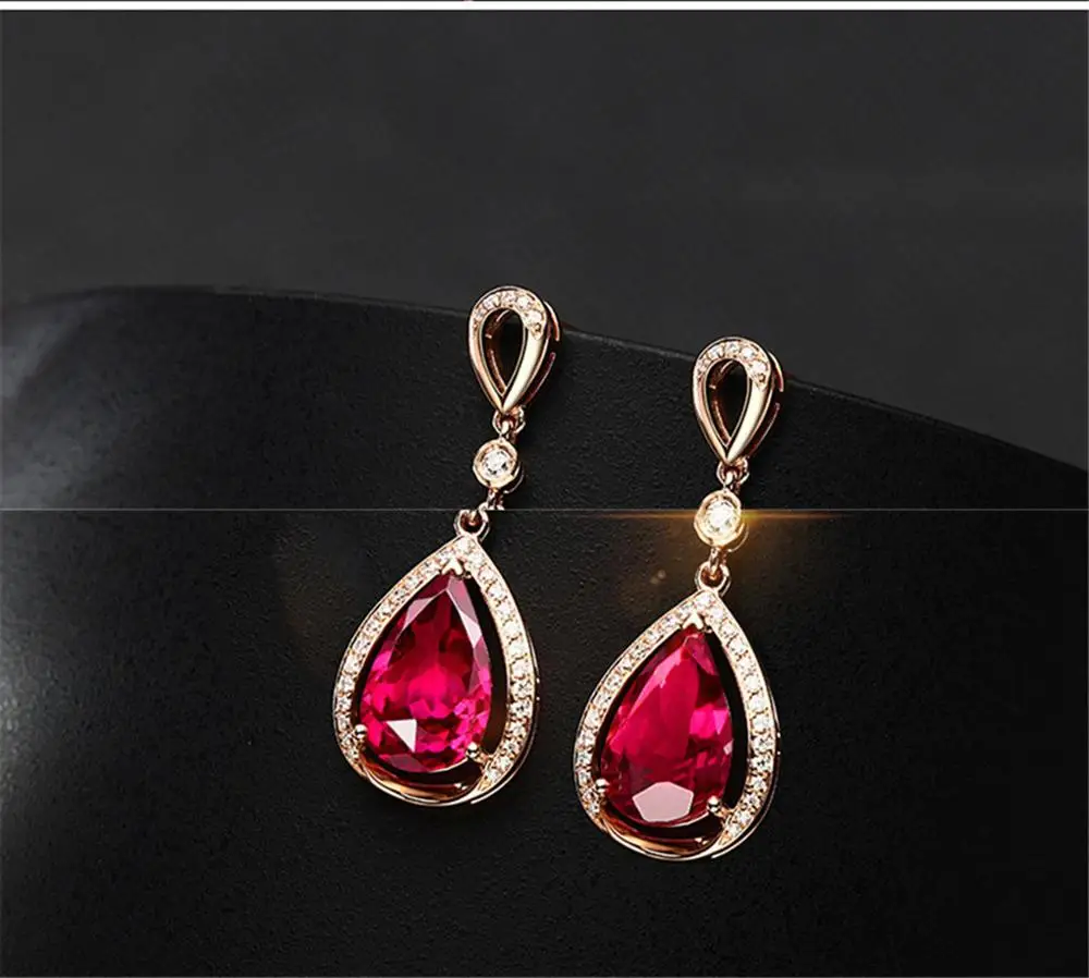 18K Rose Goud Kleur Ruby Edelstenen Zirkoon Diamond Dangle Drop Oorbellen Voor Vrouwen Luxe Sieraden Party Bijoux Crystal Pendientes