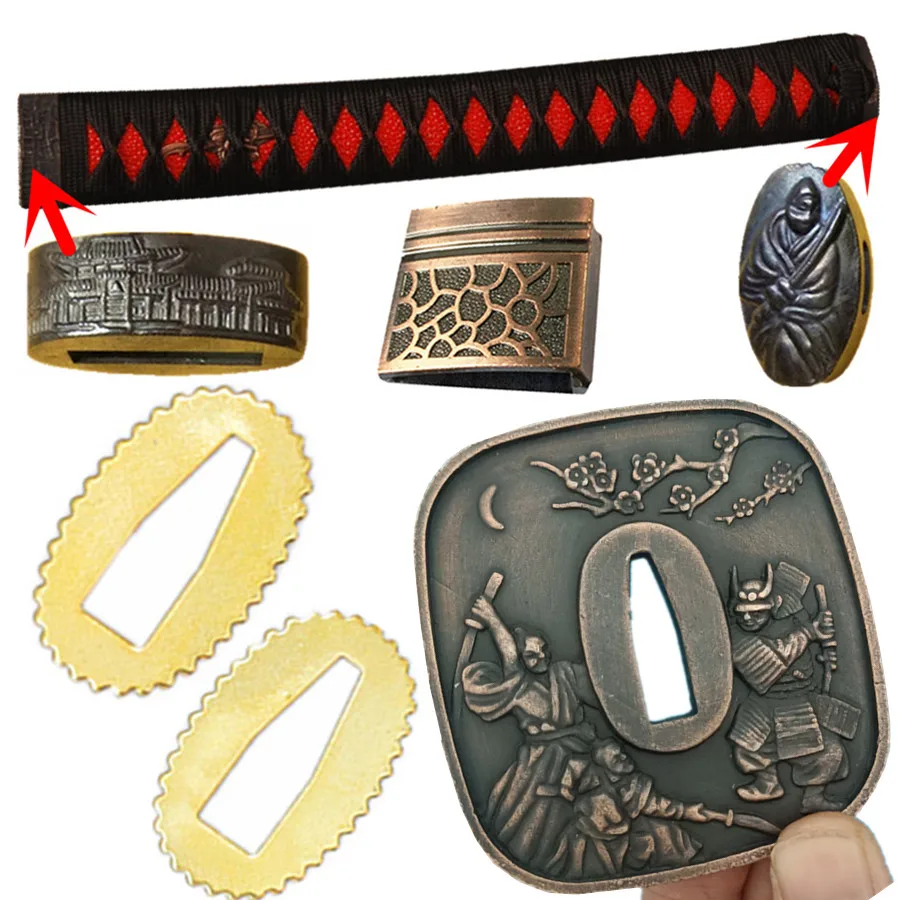 A Set Japanese Samurai Theme Kirsite Sword Fittings for Katana/Wakizashi/Tanto Tsuba+Menuki+Fuchi+Kashira+Handle+Habaki+Seppa