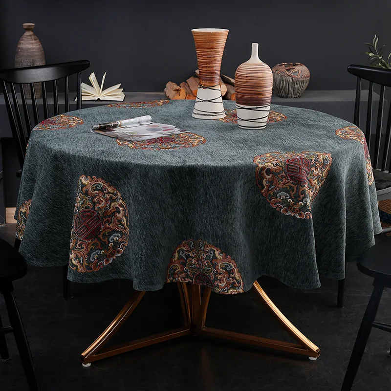 Chenille Round Tablecloth New Chinese Style Embroidery Navy Blue Red Table Cloth Home Party Banquet Decor Round Table Cover