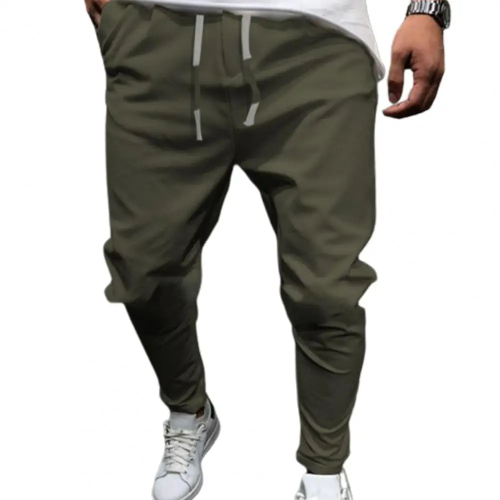 Men Pants with Drawstring Breathable Solid Color Cotton Linen Stretch Elastic Trousers for Daily Wear