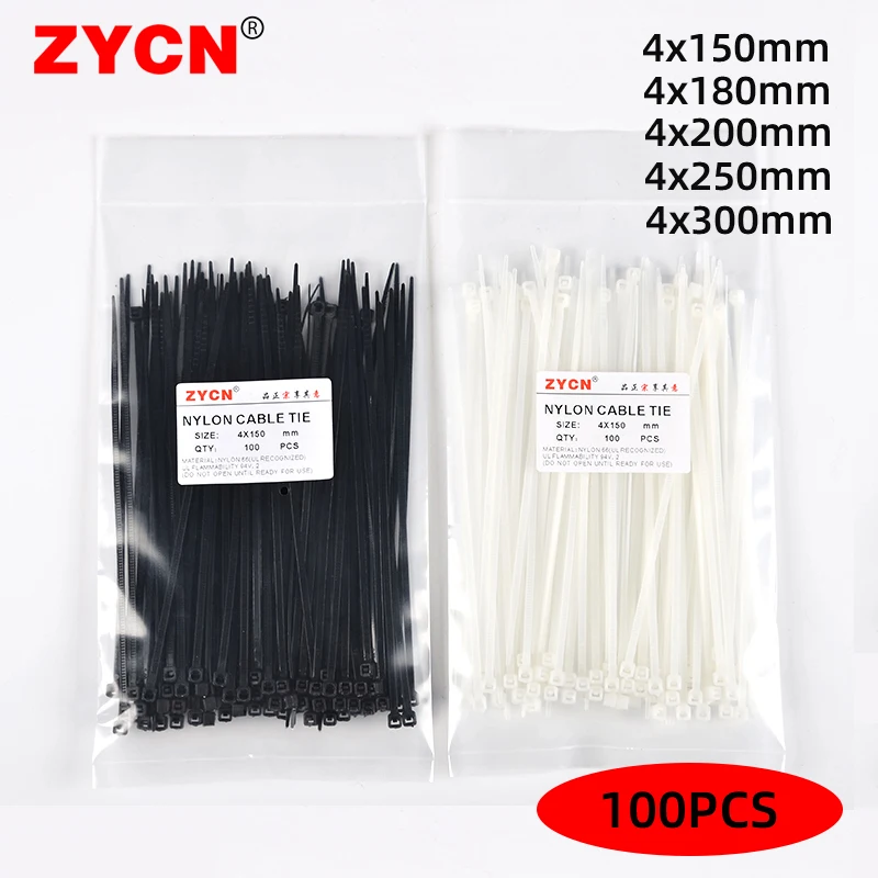 100Pcs Nylon 4Series×150 Self-Locking 200 250 300mm Plastic Fasten Cable Ring Loop Wire Zip Tie Wraps Strap White Black Industry