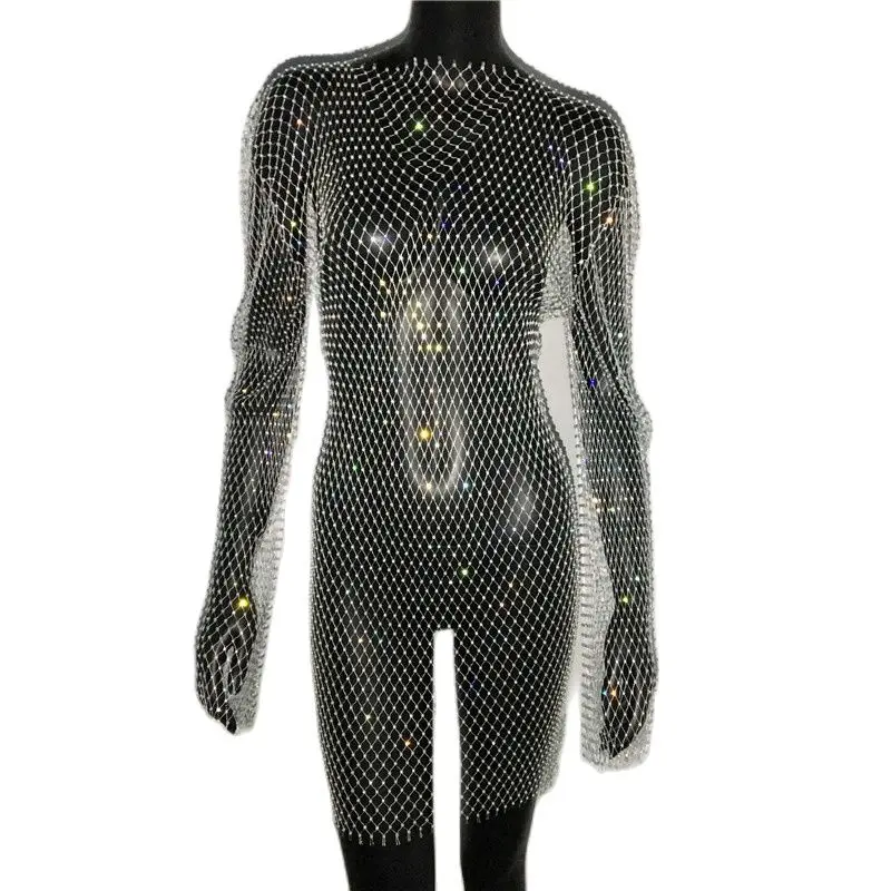 Summer Sexy Sequin Mesh Patchwork Dress Women Crochet Hollow Out Rhinestone Long Sleeve Party Club See Through Wrap Mini Dresses