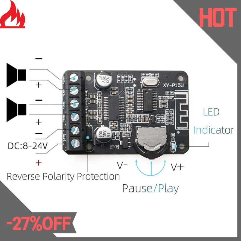 20W Stereo Bluetooth Power Amplifier Board 12V / 24V High Power Digital Power Amplifier Board XY-P15W Without Shell