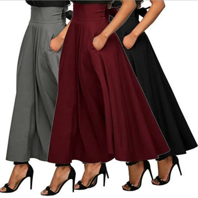 SKMY Ankle-Length Skirts Womens 2024 New Solid Color Big Swing A-Line Fashion High Waisted Skirt Party Sexy Club Outfits