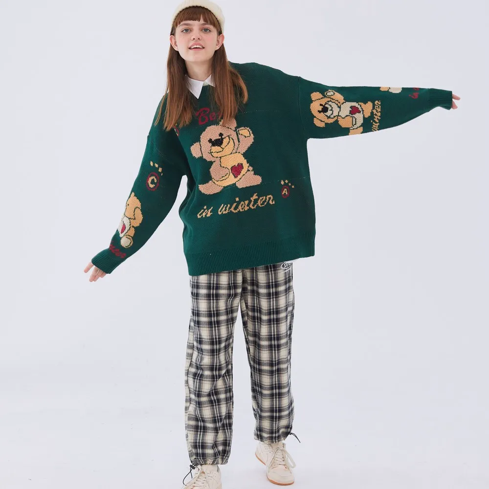 Long Sleeve Kawaii Cartoon Green Clothes Knitted Retro Sweater Harajuku Women Clothing Japanese Cute Tops Nice Pullover Sweter