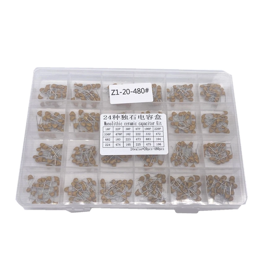 24values*20pcs =480pcs Monolithic Ceramic Capacitor 10pF~10uF,ceramic capacitor Assorted Kit 1UF 100NF 330NF 0.1UF 102 104 105