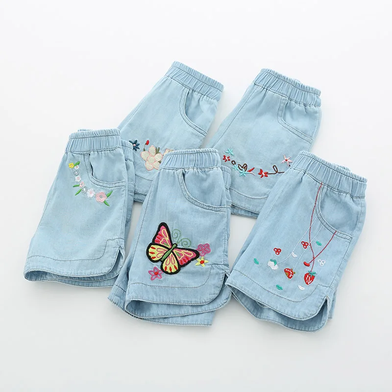 2024 Hot Summer Casual 2 3 4 6 8 10 12 anni bambini ricamo fiore cotone tasca Denim pantaloncini blu per bambine piccole