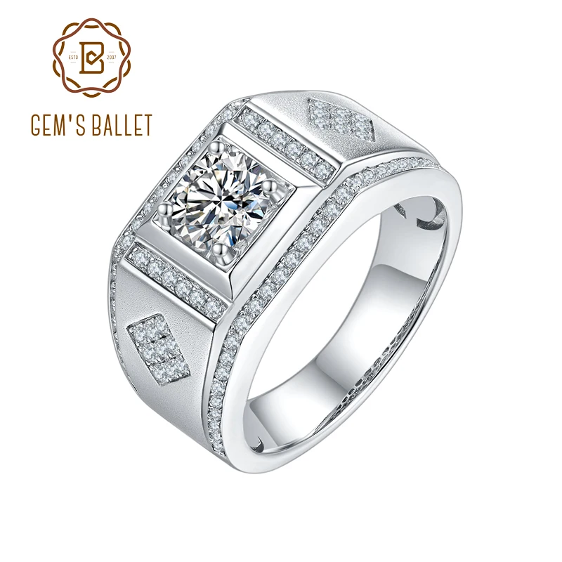 GEM'S BALLET 1.0ct Round Center And Channel Round Moissanite Wedding Ring Classic 925 Sterling Silver Moissanite Ring For Men