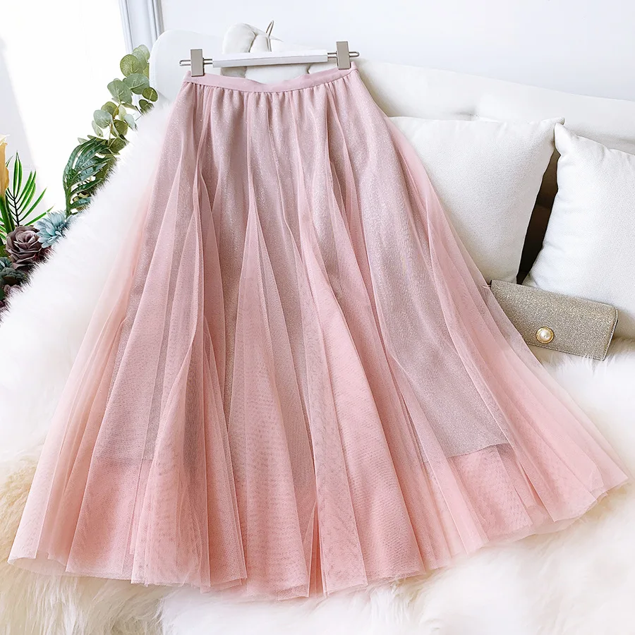 

2021 New Women Summer Skirt High Waist Two Layer Women Mesh Skirt Femme Faldas Jupe Saia Spring Women Clothes