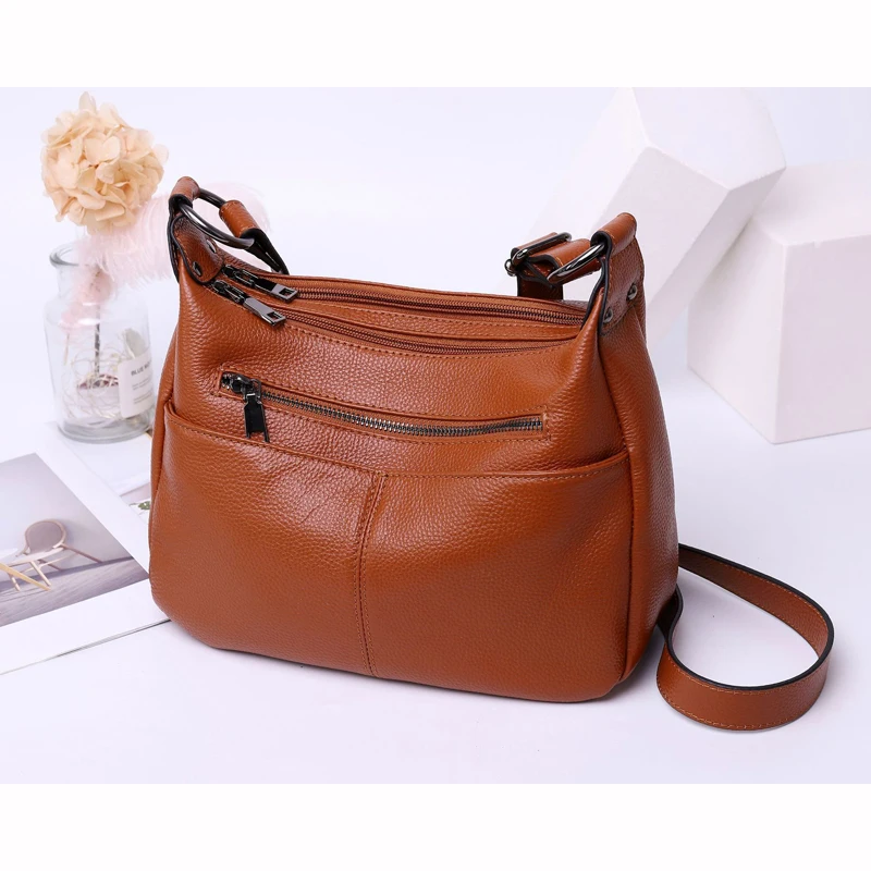 2 zip compartments Hobo Tote,Women Genuine Leather Shoulder Bag, Female Casual 100% Natural Cowhide Cross-body Bags D001