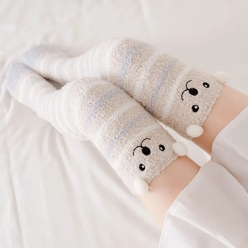 Soft Coral Fleece Knee Socks Winter Warm Girl Women Cute Cartoon Animal Stockings Striped Cozy Thigh High Christmas