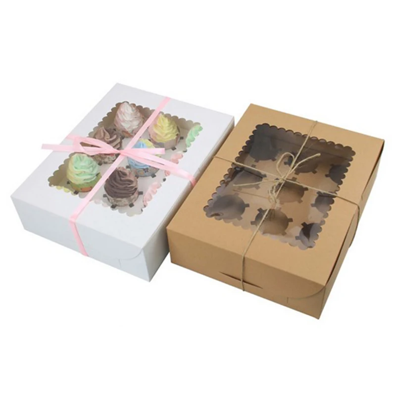 6pcs 12 Holes Kraft Paper Box With PVC Clear Window Muffin Box Biscuit Pastry Box Cake Chocolate Cupcake Packaging Baking Tools