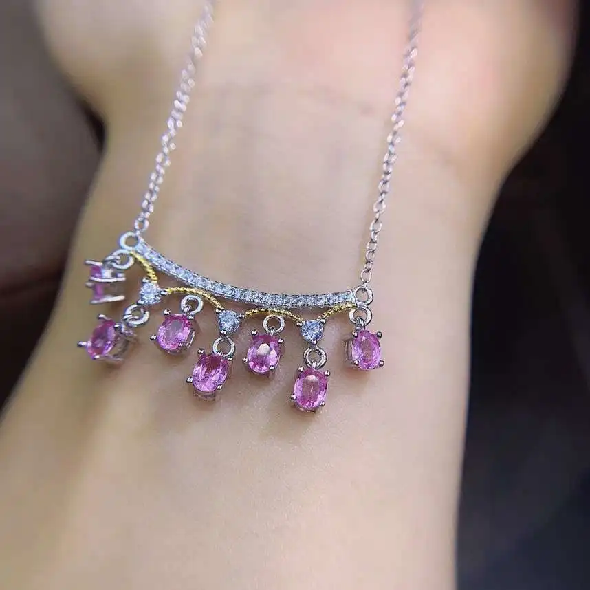 Fine Jewelry 925 Sterling Silver Natural Pink Sapphire Pendant of Women Necklace Support Test Elegant Character Party Gift