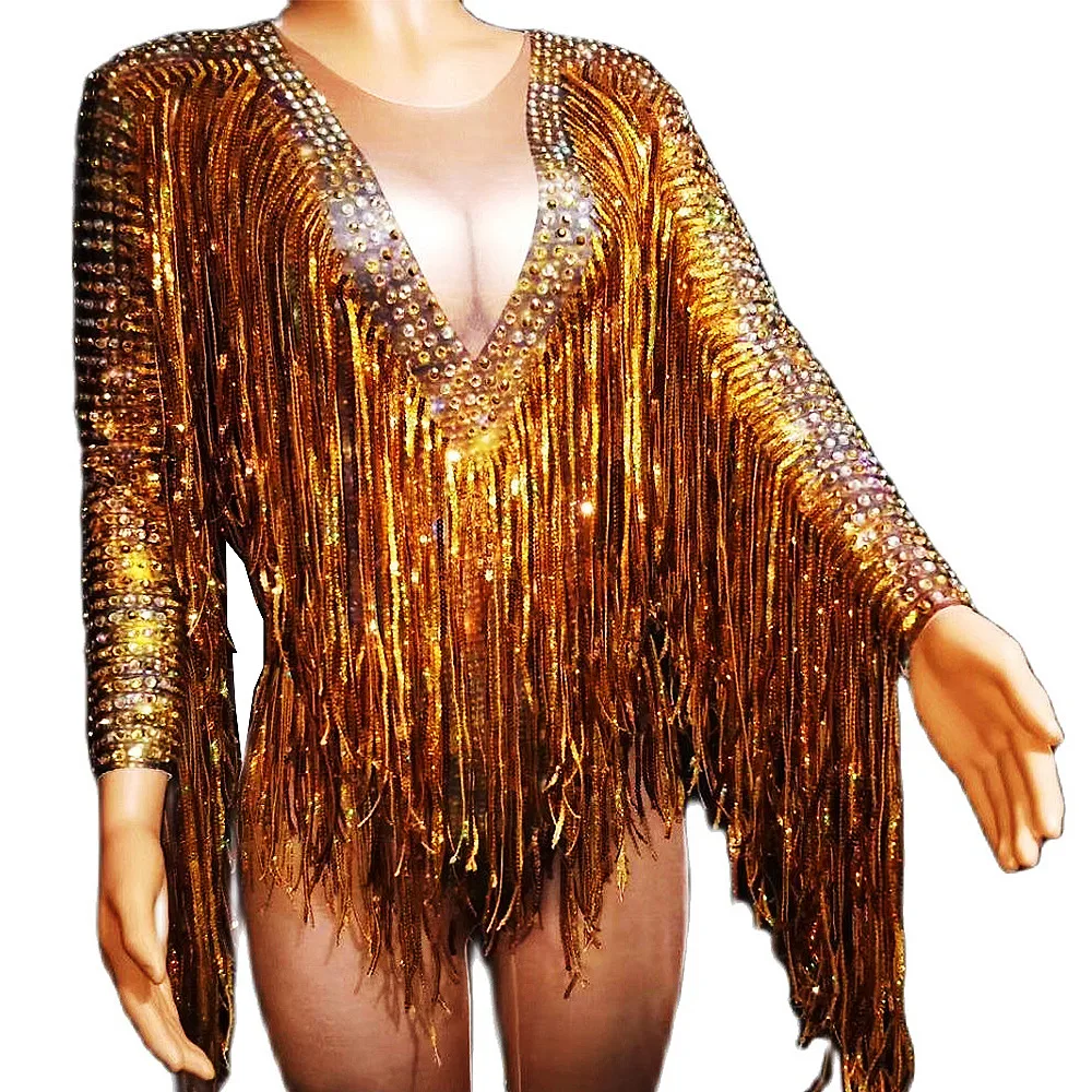 

Shining Gold Women Crystal Fringe Jumpsuits Nightclub Singer Performance Long Sleeve Bodysuits Evening Prom Celebrate Costume