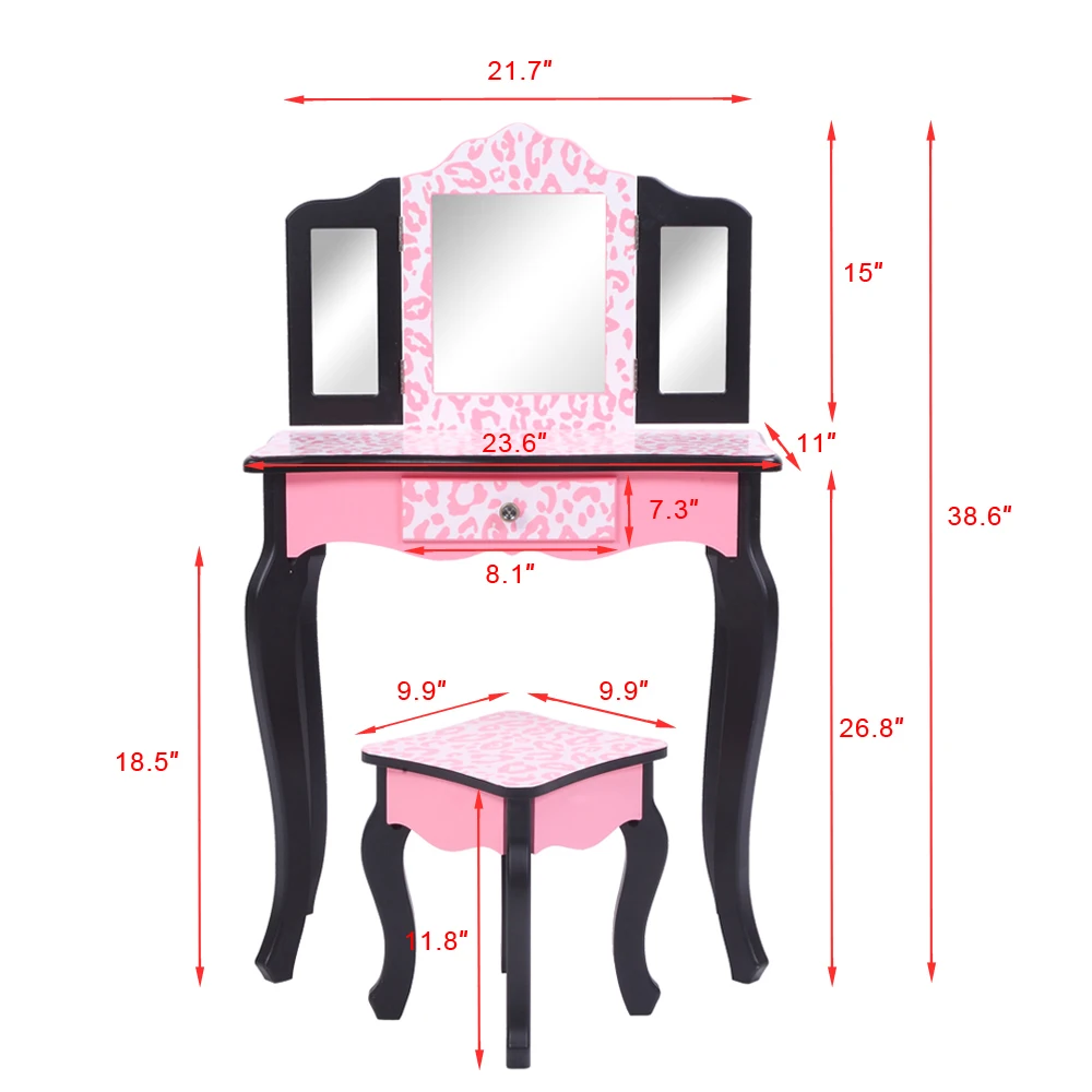 Children's Dressing Table Three-Fold Mirror Single Drawer Arc Feet Children Dresser Red Leopard Print with Dressing Stool