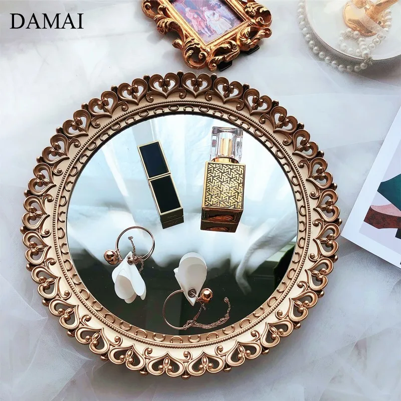 

European Vintage Round Trays Decorative Relief Craft Jewelry Glass Mirror Tray Cosmetic Container Skin Care Products Organizer
