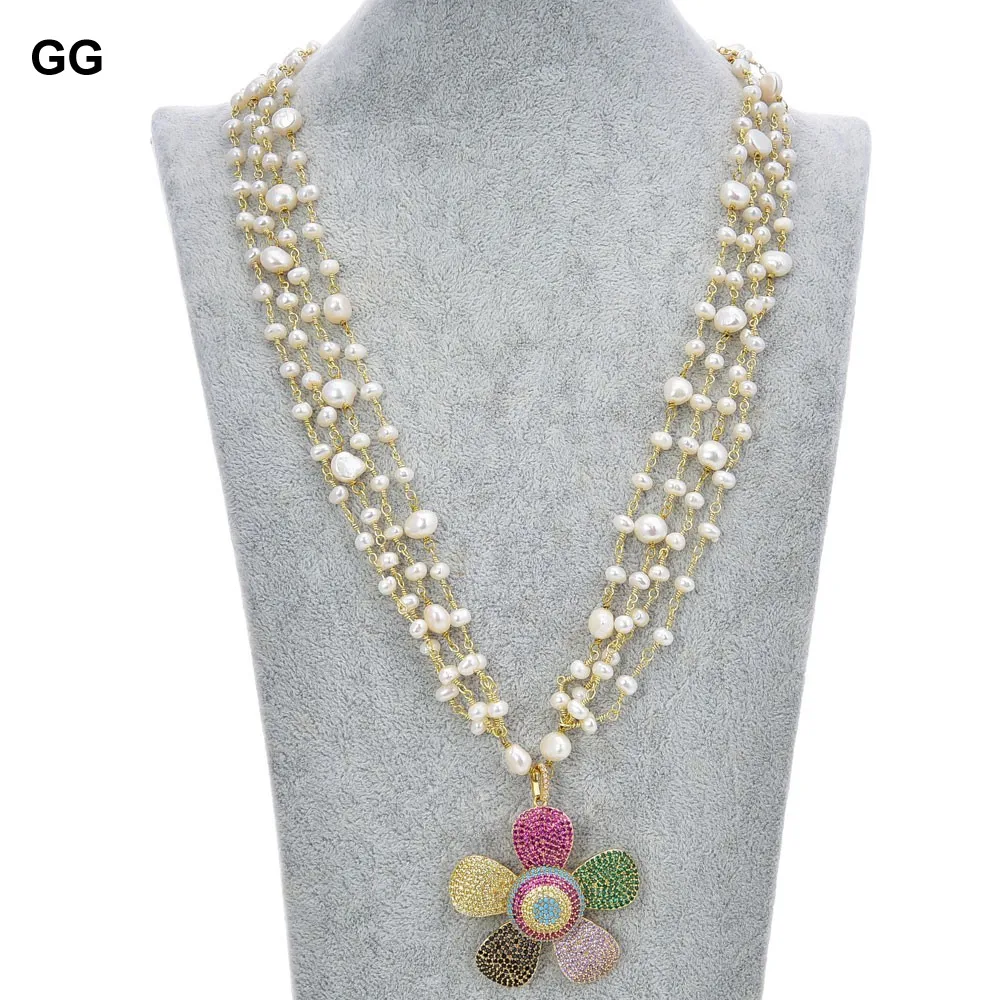 

GuaiGuai Jewelry Natural Pearl 24'' 4 Rows White Pearl Necklace CZ Pave Flower Pendant For Women