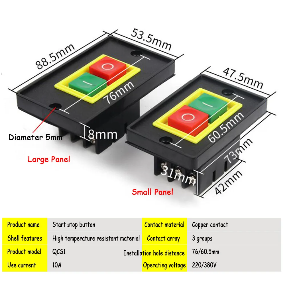 AC 380V 2KW I/O On Off Start Stop Push Button Switch 6 Screw Terminals QCS1 Large/Small Panel