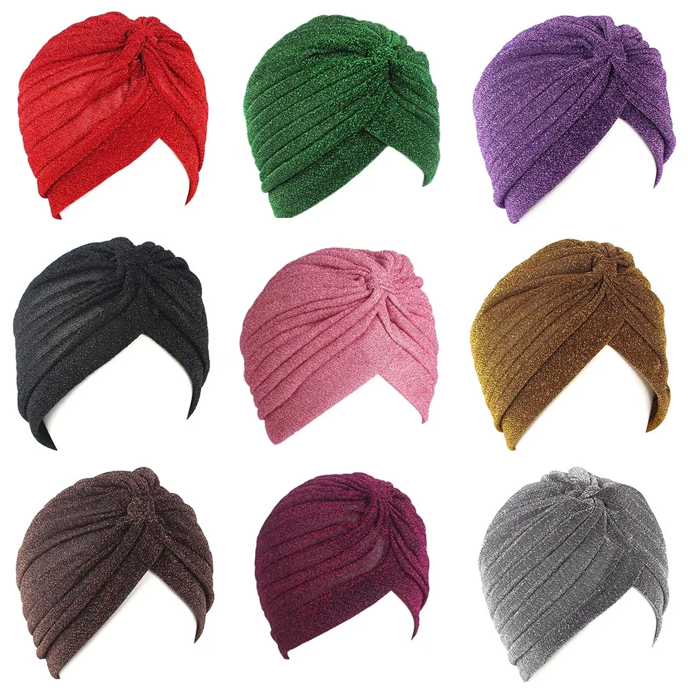 Twist Turban Caps Fashion Women Knot Muslim Hijab Shiny Gold Silver Glitter Indian Hat Men Casual Solid Color Simple Headscarf