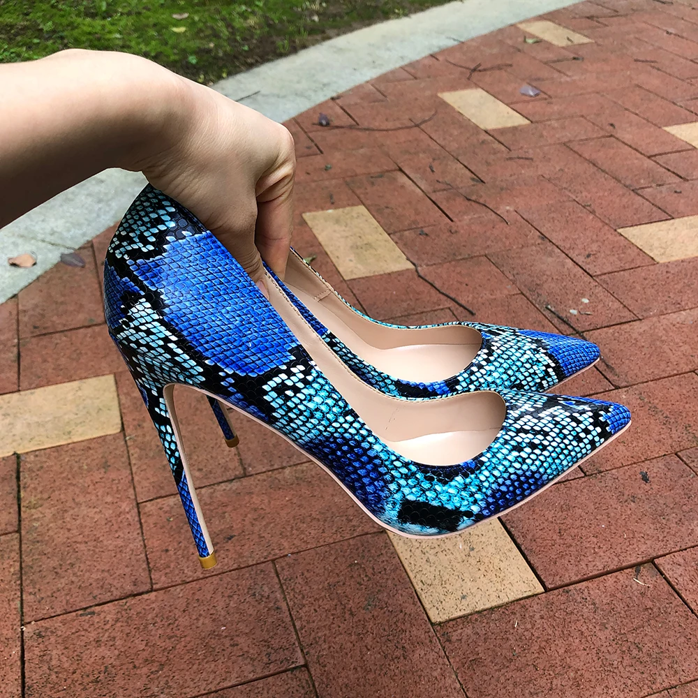 Tikicup Blue Python Pattern Women Sexy Extremely High Heel Shoes Ladies Chic Pointed Toe Stiletto Pumps Small Size 33 43 44 45