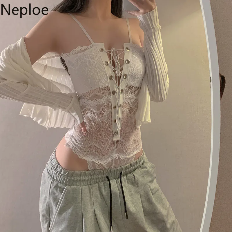 Neploe Sexy Lady Crop Tops Women Chic Lace Bandage Slim Fit Tees 2023 New Ropa Mujer Korean Temperament Y2k Fashion Camis Tanks