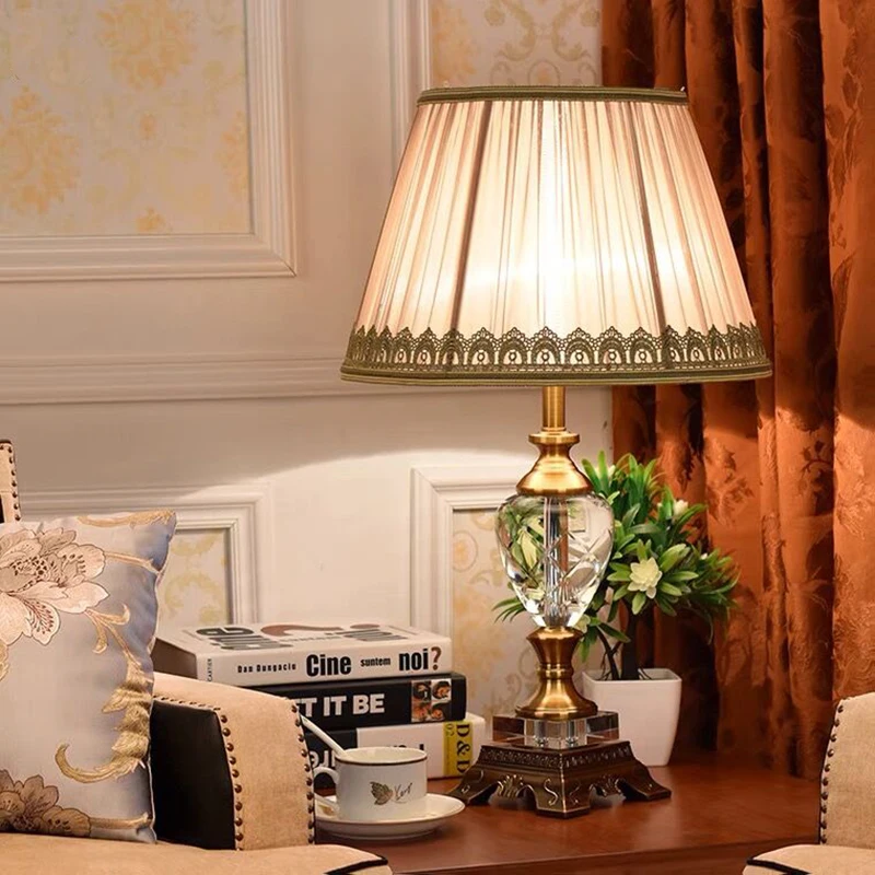 OURFENG Modern Table Lamp Crystal LED Desk Light Fabric Bedside Home Luxury Decorative for Foyer Bedroom Office Hotel