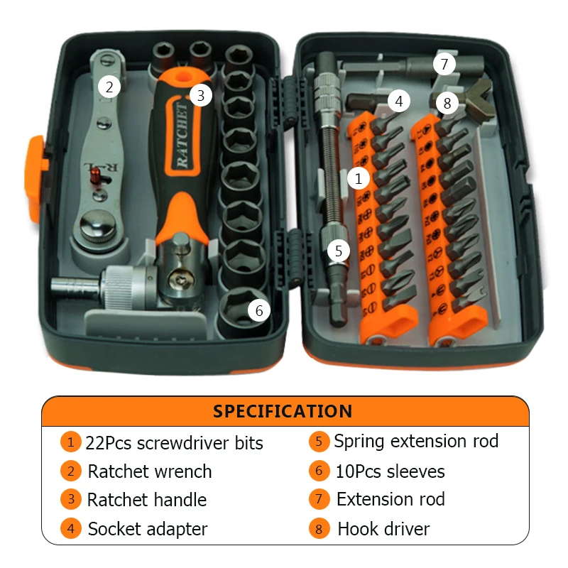 Precision Ratchet Screwdriver 38 Pcs Set CR-V Bits With Universal Wrench 180 Degree Adjustable Handle Repair Hand Tools