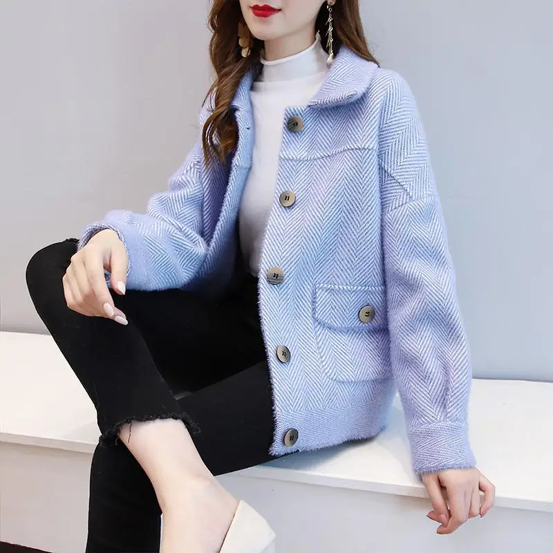 2022 New Women Woolen Jacket Female Imitation Mink Velvet Coat Ladies Short Wool Coats Lady spring Autumnr Knit Cardigan Tops C